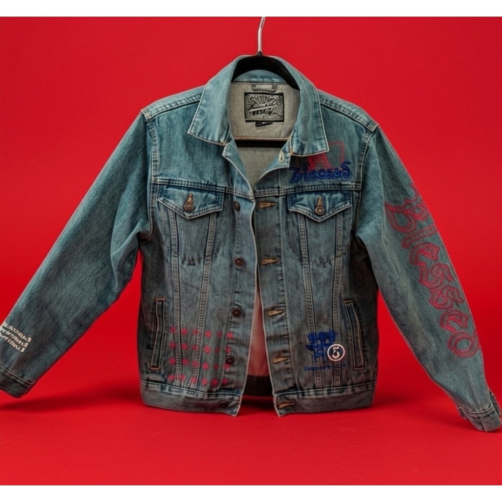 Y2K Graphic Denim Jacket Blessed Sleeve Art Distressed Jean Jacket men's S